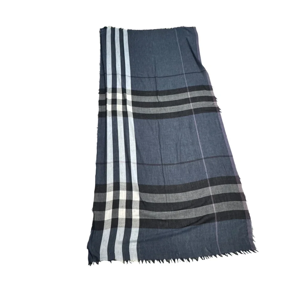 Gerry Weber‎ Navy Blue Grey Plaid Check oversized wrap shawl scarf fringe preppy